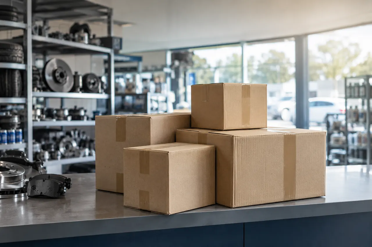 Cajas de varios tamaños esperan en el mostrador de una tienda de recambios antes de salir hacia su destino.